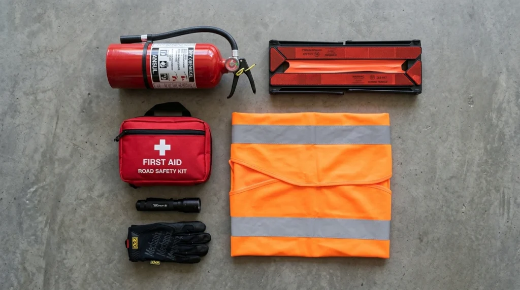 Elementos obligatorios del kit de seguridad vial: matafuegos, balizas y chaleco reflectante.