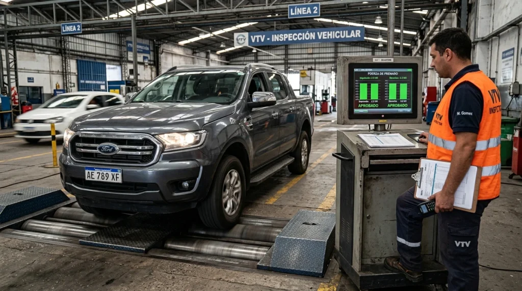 Vehículo realizando prueba de frenos en rodillos durante la Verificación Técnica Vehicular (VTV).