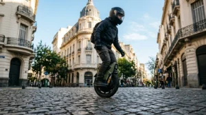 Los 5 mejores monociclos eléctricos en Argentina - ºMonociclo eléctrico Inmotion V11Y con suspensión activa circulando por calle adoquinada en Argentina.