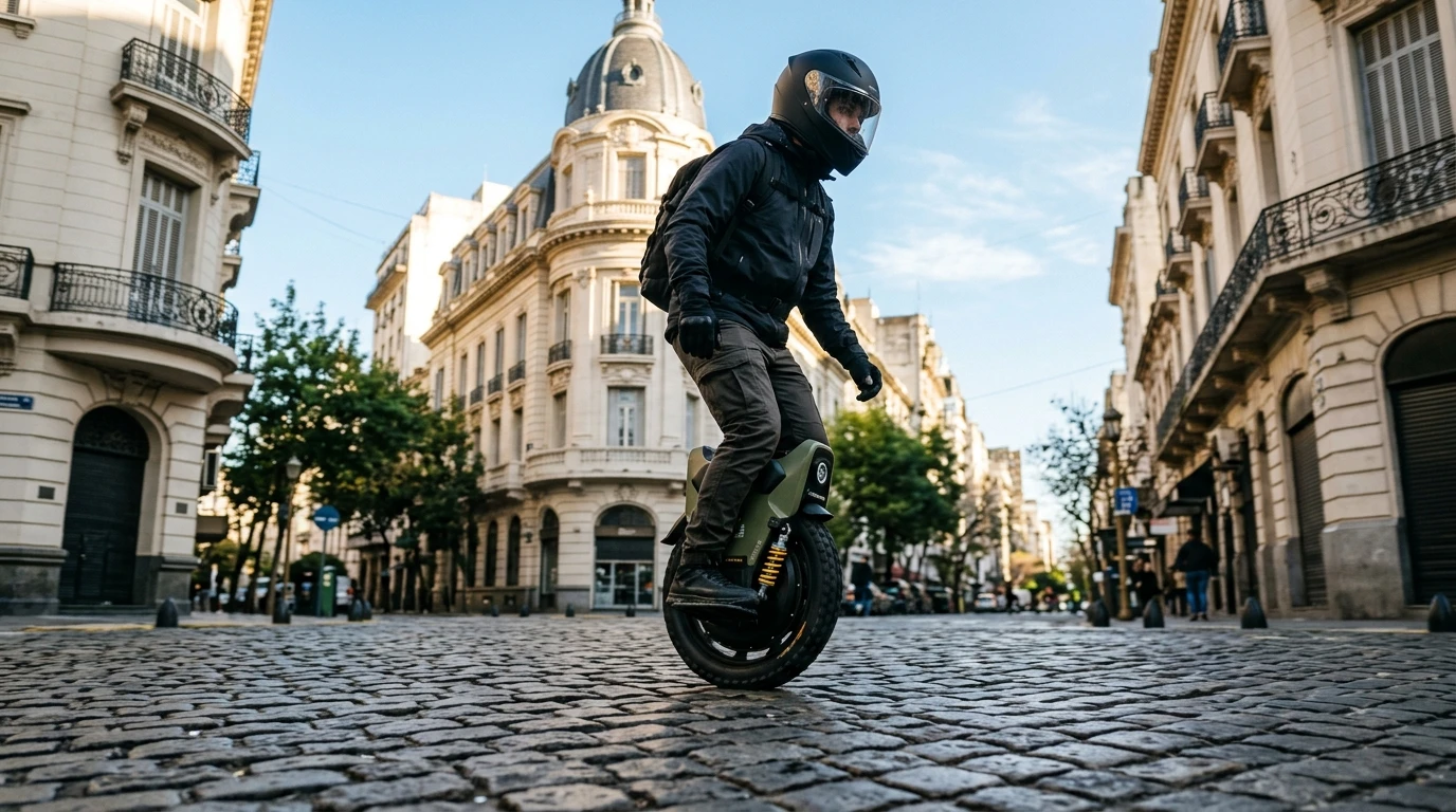 Los 5 mejores monociclos eléctricos en Argentina - ºMonociclo eléctrico Inmotion V11Y con suspensión activa circulando por calle adoquinada en Argentina.