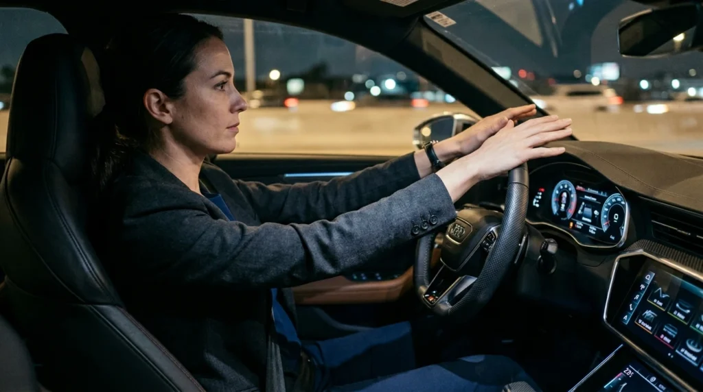 Conductora profesional demostrando la regla de la muñeca para ajustar la distancia correcta al volante.