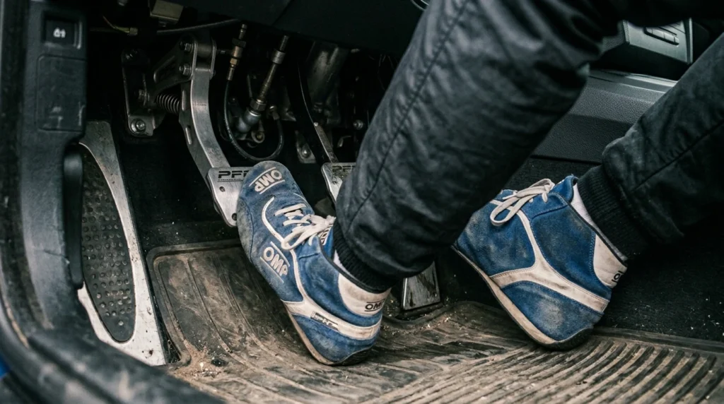 Técnica de control de pedales usando el talón como pivote en un auto manual.