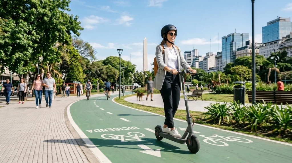 Electric_scooter_cruising_city_park_202605211053 Monopatín eléctrico Randers de 350W circulando por una ciclovía urbana.
