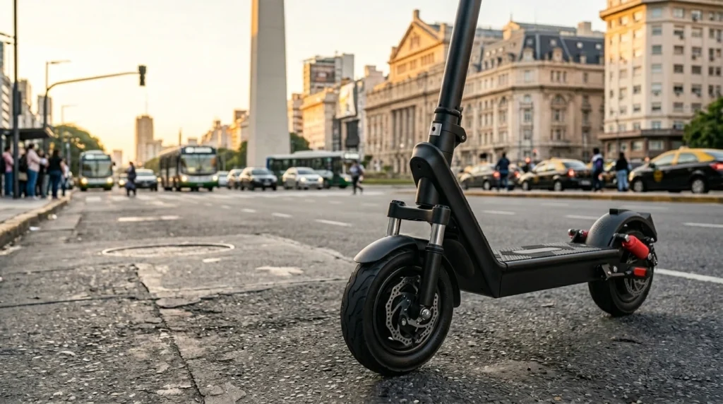 Electric_scooter_parked_on_avenue_202605211046 Monopatín eléctrico Rango X9b de 500W con doble suspensión estacionado en una avenida urbana.