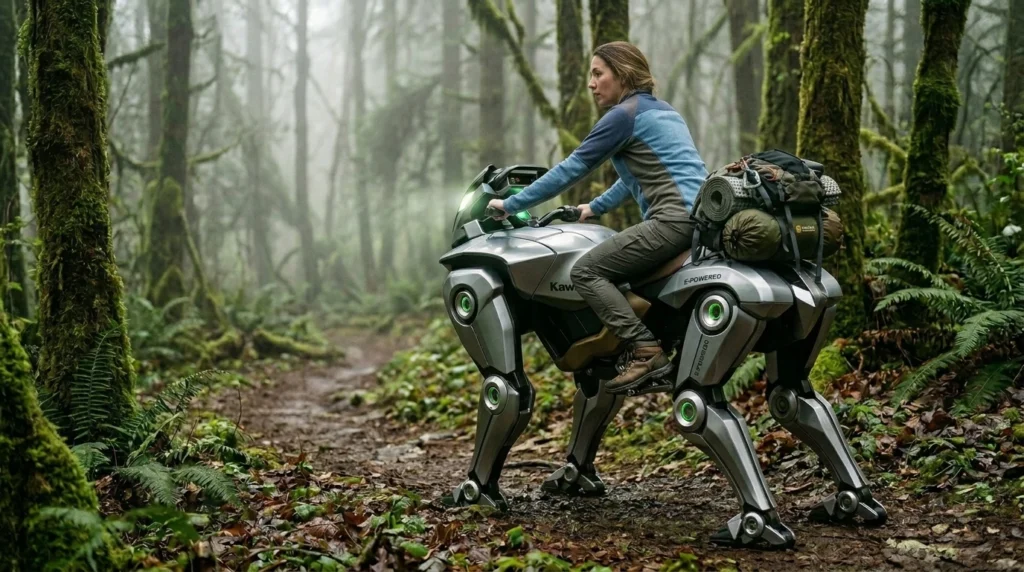 Persona montando al robot cuadrúpedo Kawasaki Corleo en un sendero forestal.
