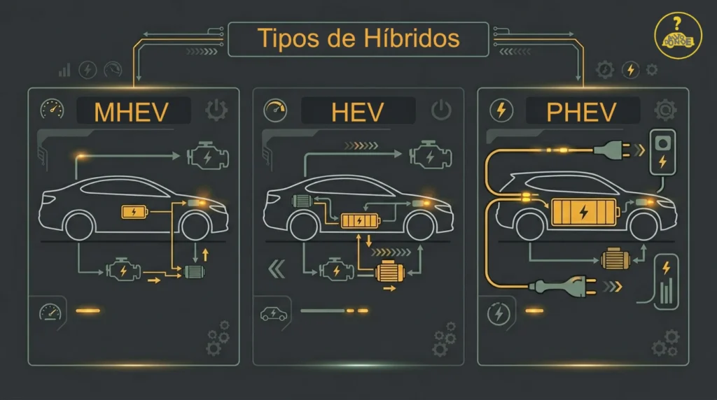 Infografía técnica comparando baterías de autos Mild Hybrid, Híbrido Completo y Enchufable - comprar tu primer auto híbrido 