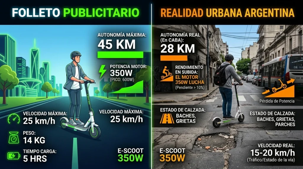 Infographic_comparing_scooter_sp…_202605202241 Infografía comparativa de la autonomía declarada versus el rendimiento real de monopatines eléctricos en calles de Argentina.