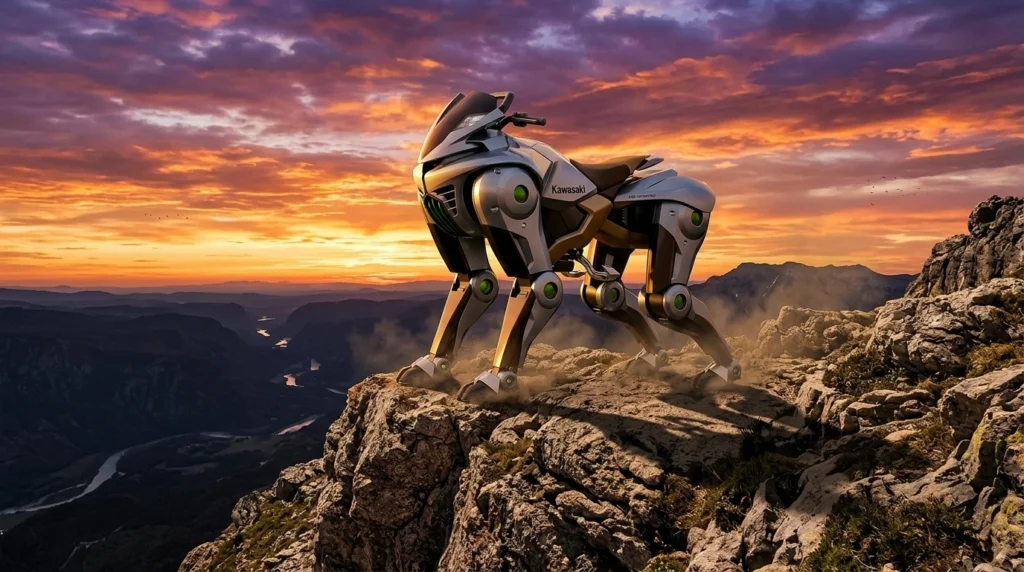 Robot de hidrógeno Kawasaki Corleo parado en la cima de una montaña al atardecer.