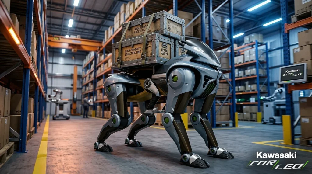 Robot de transporte Kawasaki cargando cajas en un depósito industrial moderno.