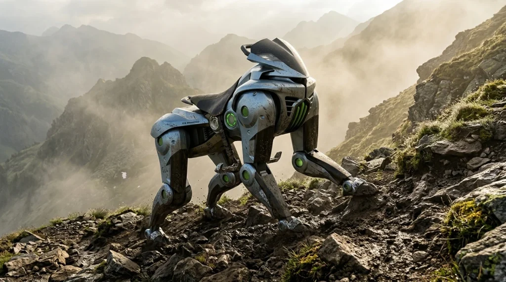 Robot cuadrúpedo Kawasaki Corleo avanzando por un terreno montañoso rocoso y difícil.