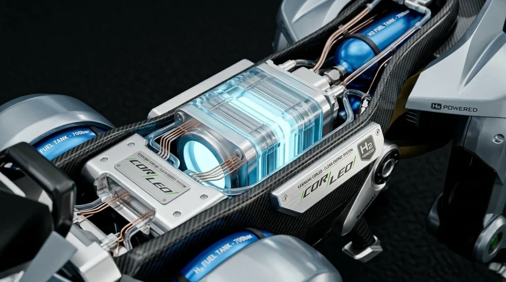 Detalle renderizado en 3D de la celda de combustible de hidrógeno en el robot Kawasaki Corleo.