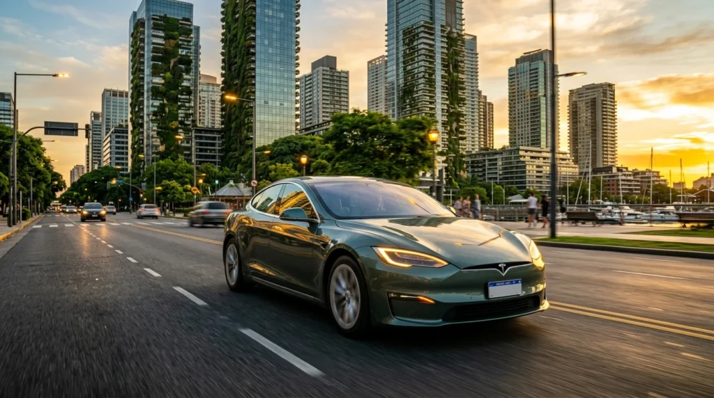 Auto híbrido circulando por una ciudad moderna con infraestructura sustentable.