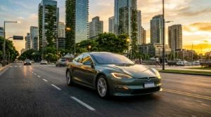 Auto híbrido circulando por una ciudad moderna con infraestructura sustentable.