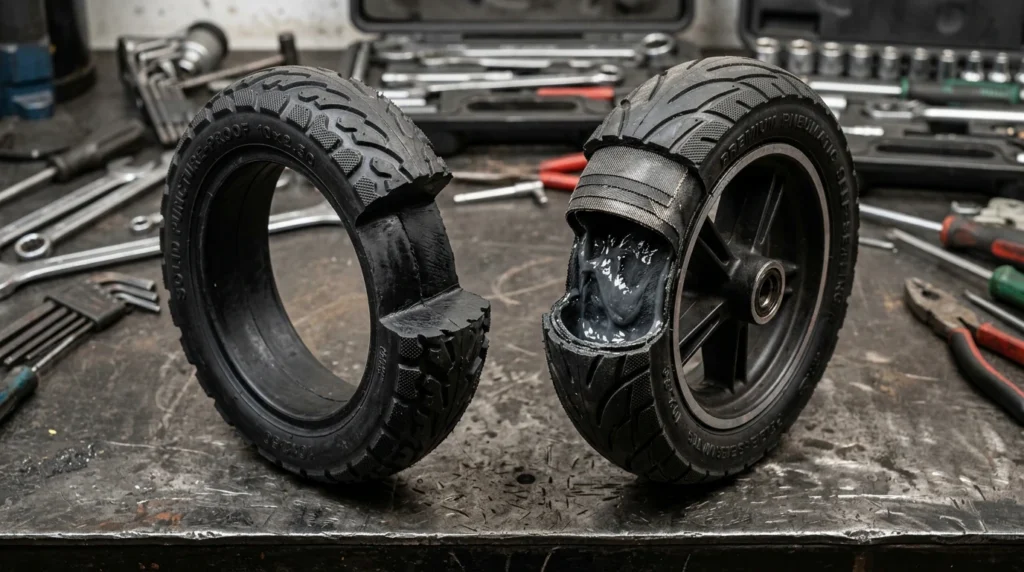 Two_electric_scooter_tires_202605202242 (3) Comparación técnica de cubiertas macizas de repuesto y neumáticos autosellantes con gel para monopatín eléctrico.