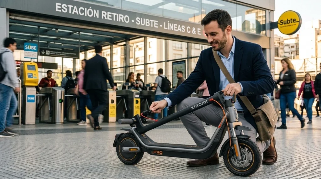 Xiaomi_scooter_being_folded_202605211051 Usuario plegando un monopatín Xiaomi Scooter Pro en una estación de transporte público.