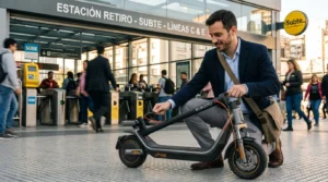 Usuario plegando un monopatín Xiaomi Scooter Pro en una estación de transporte público.