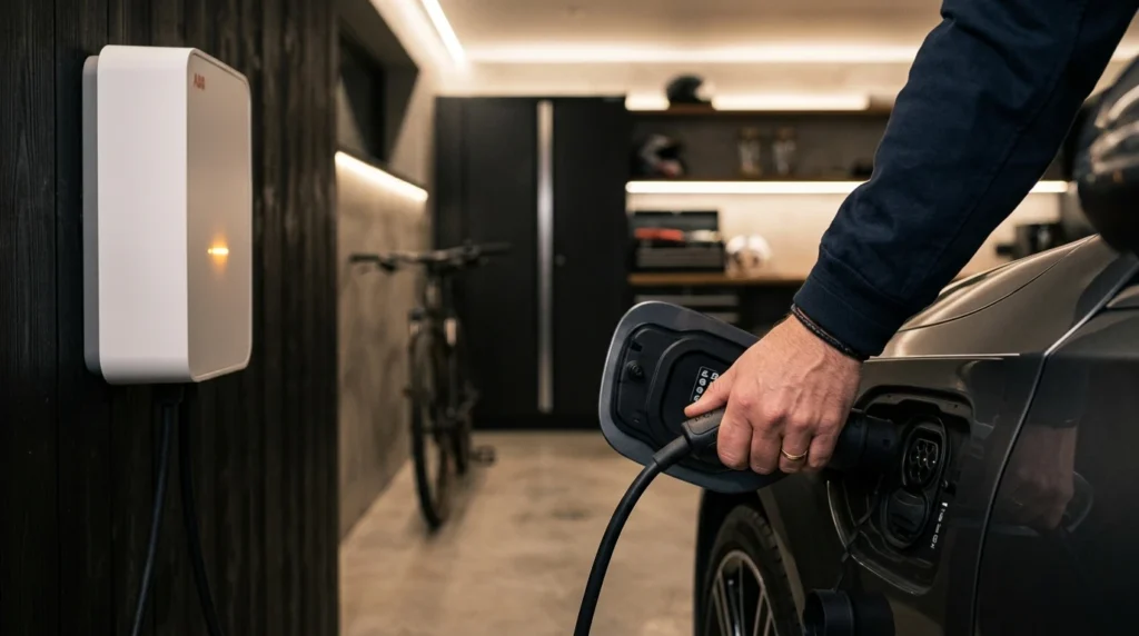 Persona conectando un auto híbrido enchufable a un cargador de pared doméstico.