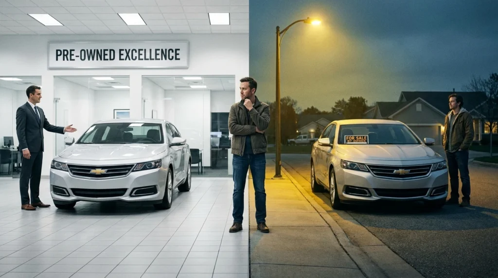 Comparativa visual entre comprar un auto usado a particulares en la calle o en una agencia o concesionario oficial.