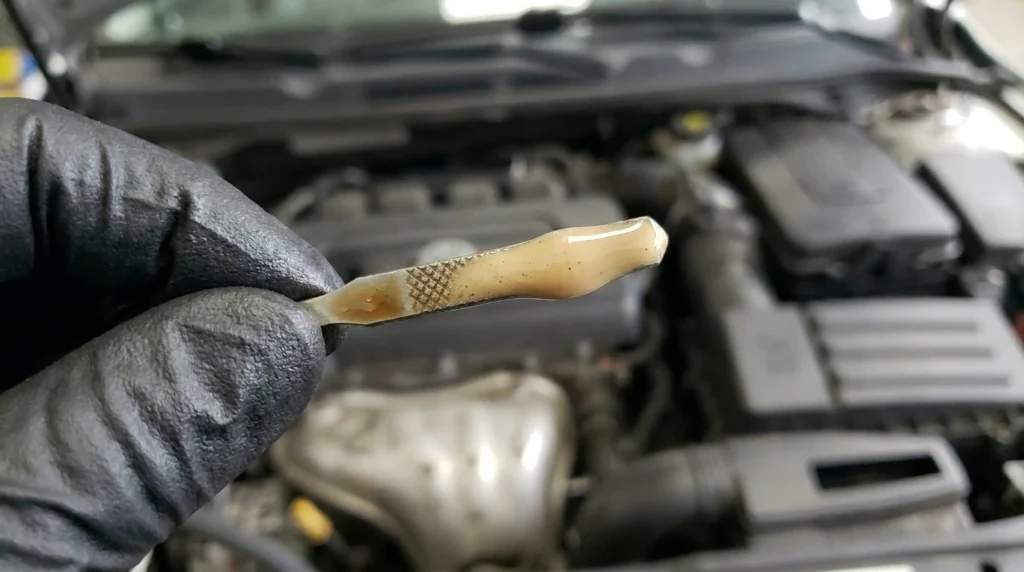 Inspección de la varilla de aceite de motor mostrando el efecto capuchino, síntoma de vicios ocultos graves en autos usados.