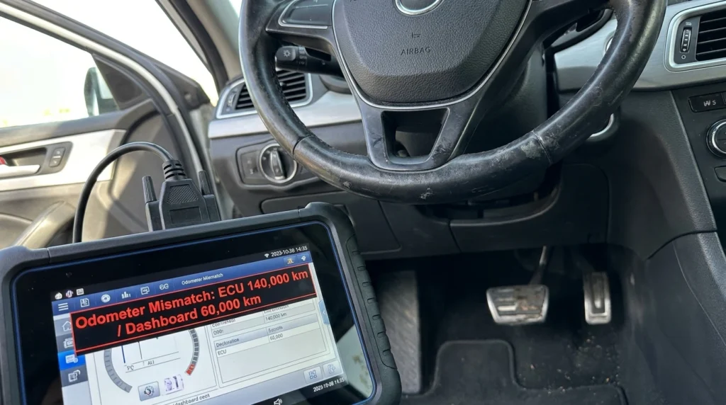 Escáner de diagnóstico profesional conectado al puerto OBD-II detectando un fraude de odómetro digital en un auto usado.