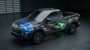 Esquema técnico e infografía visual del motor de una pickup híbrida con tracción 4x4 eléctrica.