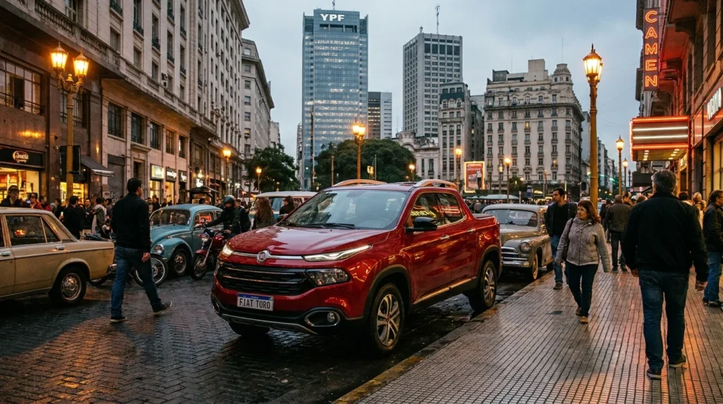 Pickup compacta moderna estacionada en una calle urbana estrecha de América Latina en 2026.