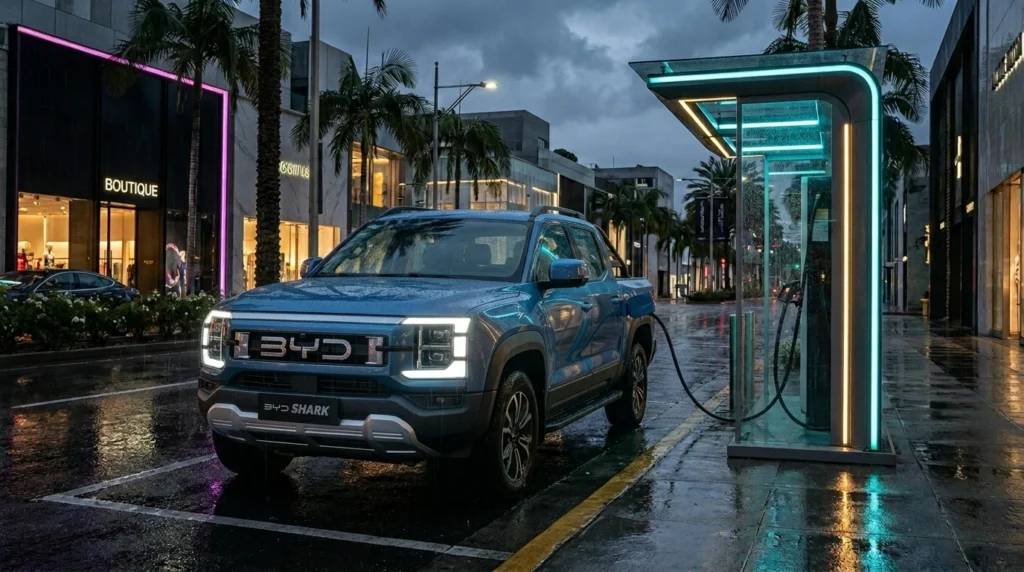 Pickup híbrida enchufable BYD Shark conectada a un puesto de carga eléctrica rápido.