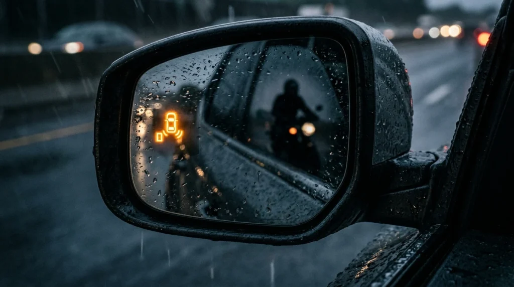 Detalle de un espejo retrovisor con la luz de alerta de punto ciego activa indicando la presencia de una moto.