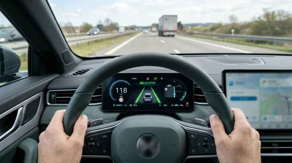 Vista del conductor mostrando el tablero digital con las asistencias de mantenimiento de carril y reconocimiento de señales activas.