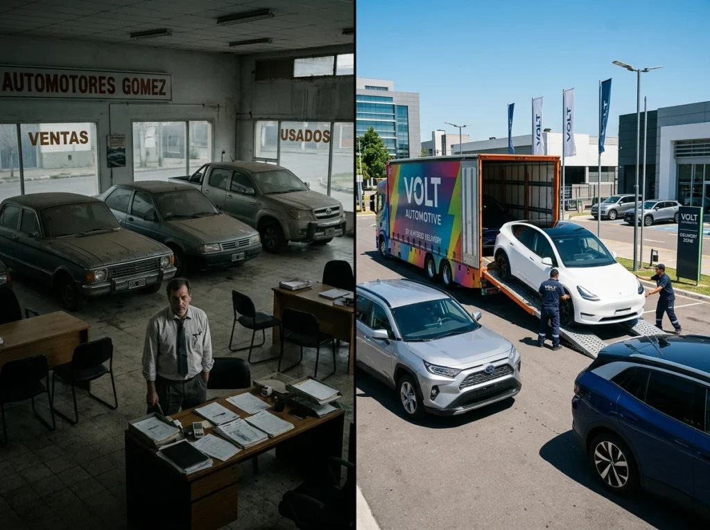 Contraste en el mercado automotor argentino 2026 mostrando el freno de vehículos convencionales y el boom de patentamientos de autos híbridos y eléctricos.