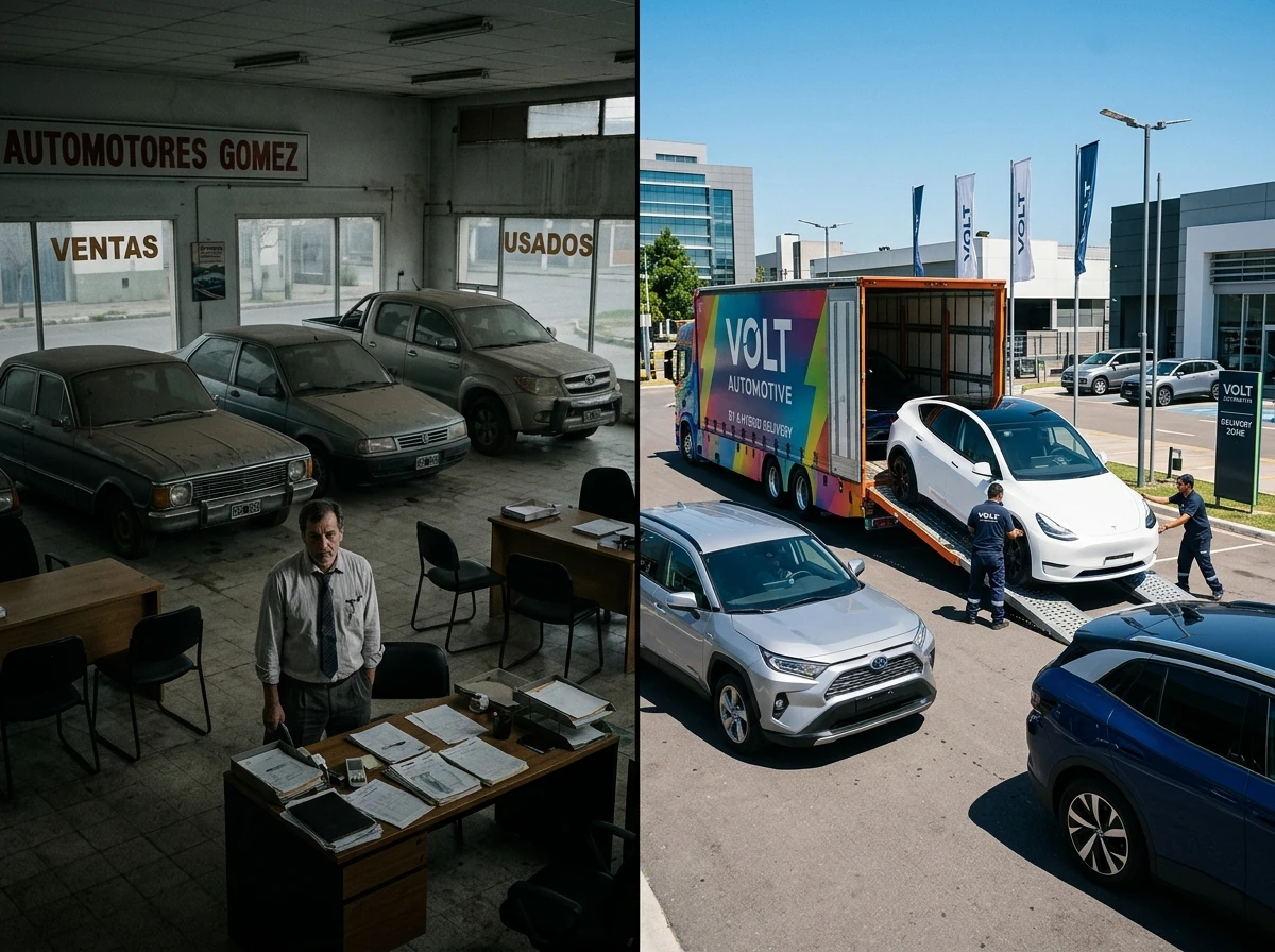 Contraste en el mercado automotor argentino 2026 mostrando el freno de vehículos convencionales y el boom de patentamientos de autos híbridos y eléctricos.