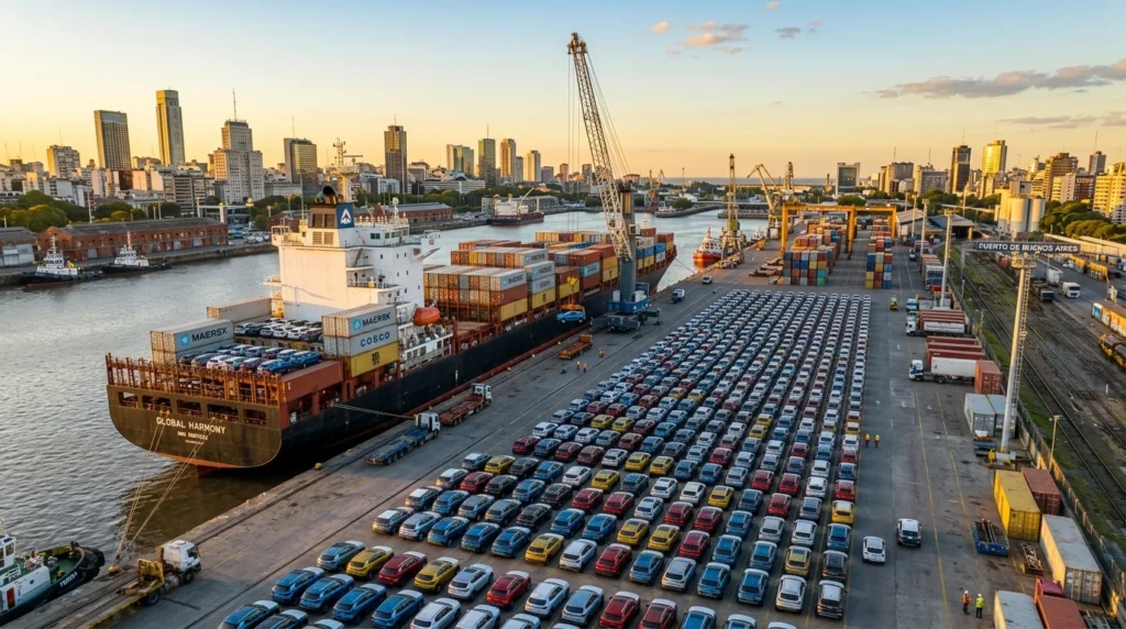 Desembarco masivo de vehículos eléctricos e híbridos exentos de aranceles en el puerto de Buenos Aires bajo el Decreto 49/2025.