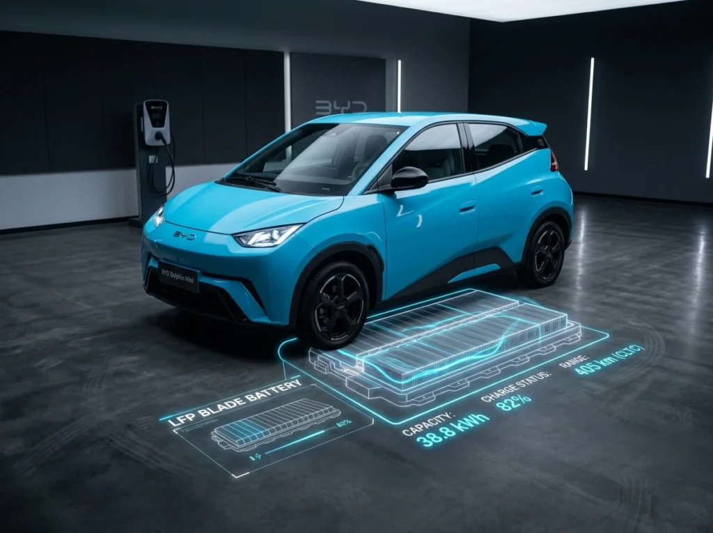 Auto eléctrico económico BYD Dolphin Mini en Argentina, destacando su concepto de batería Blade LFP urbana.