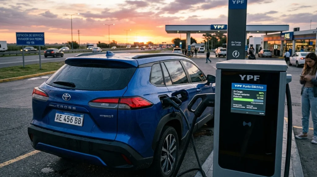 Vehículo electrificado utilizando infraestructura de carga rápida en Argentina, representando los desafíos de red y cambios impositivos en 2026.