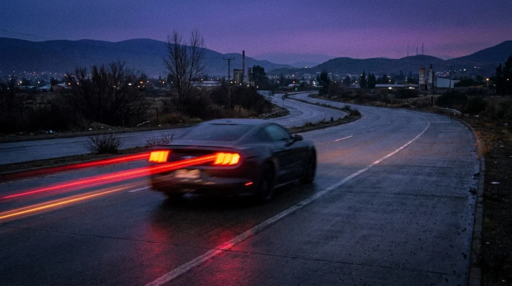 Automóvil circulando a velocidad imprudente en una curva de ruta interurbanas al atardecer, elevando el riesgo de siniestralidad vial.