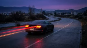 Automóvil circulando a velocidad imprudente en una curva de ruta interurbanas al atardecer, elevando el riesgo de siniestralidad vial.