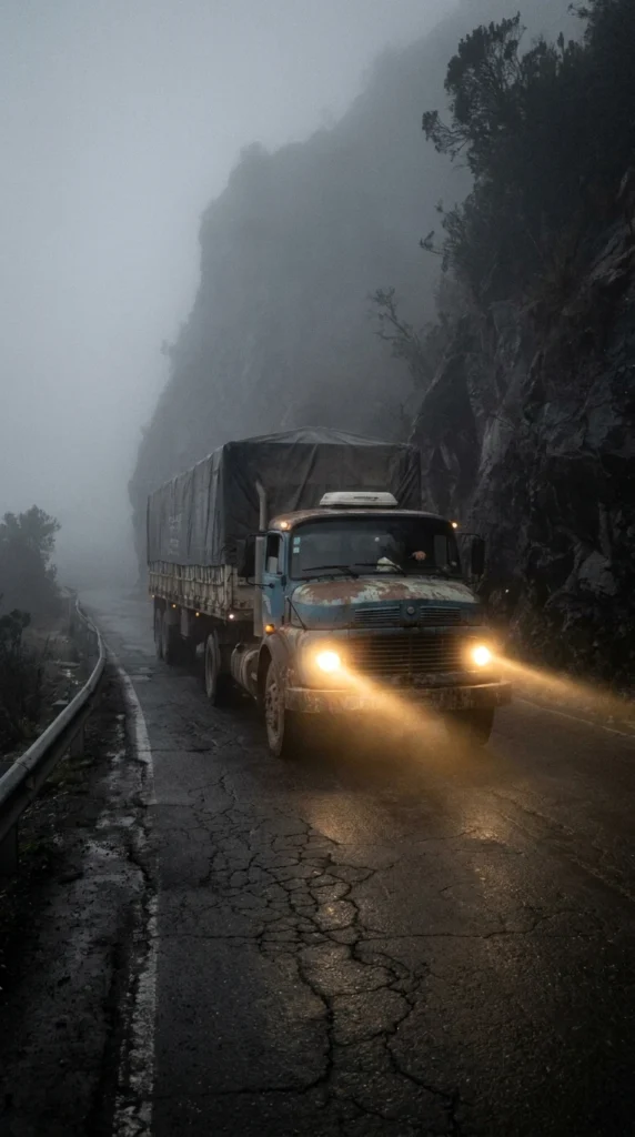Camión de carga pesada transitando de noche en una ruta con niebla, representando los factores de riesgo vial por fatiga extrema.