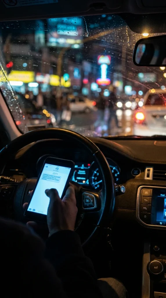 Conductor distraído mirando la pantalla del celular mientras maneja en una calle urbana transitada, exponiendo las causas de accidentes de tránsito en América Latina.