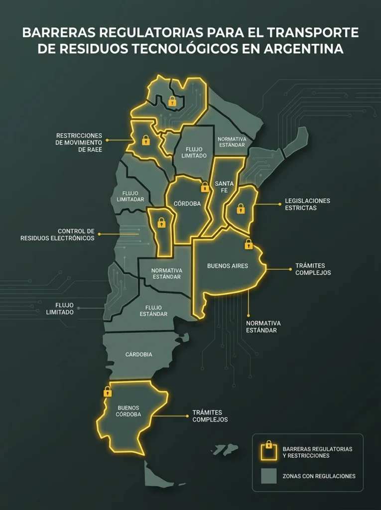 Mapa conceptual de Argentina que ilustra la fragmentación de leyes provinciales para el transporte de residuos de aparatos eléctricos y electrónicos (RAEE).