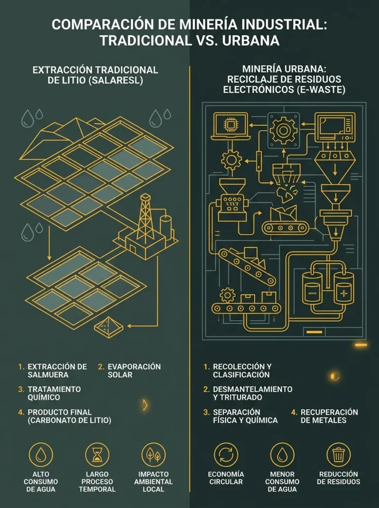 Infografía minimalista que compara el impacto ambiental de la extracción de litio en salares frente a la minería urbana de baterías.