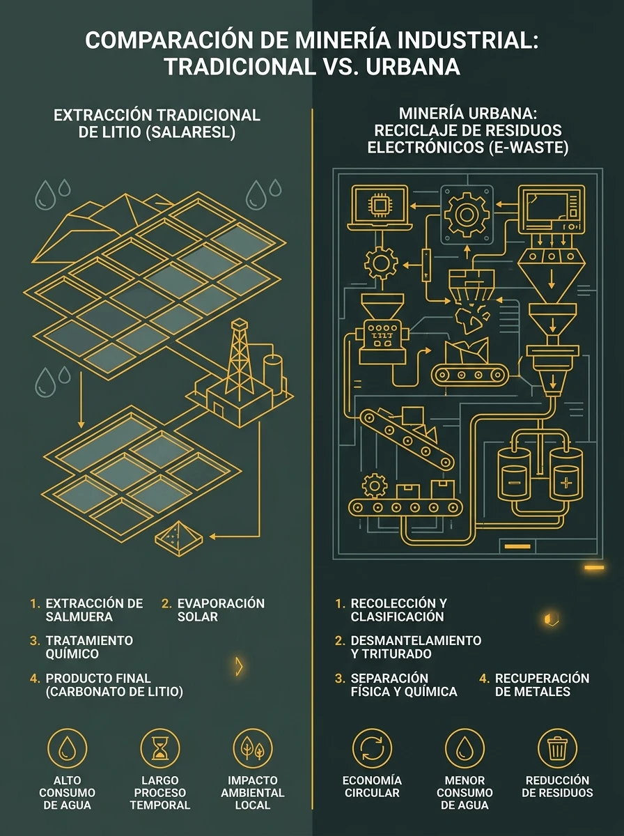 Infografía minimalista que compara el impacto ambiental de la extracción de litio en salares frente a la minería urbana de baterías.
