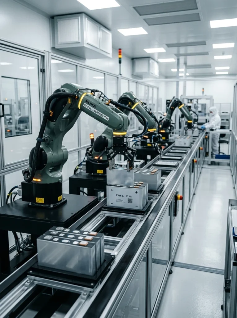 Línea de montaje industrializada para la fabricación de nuevas celdas de litio a partir de materiales recuperados.