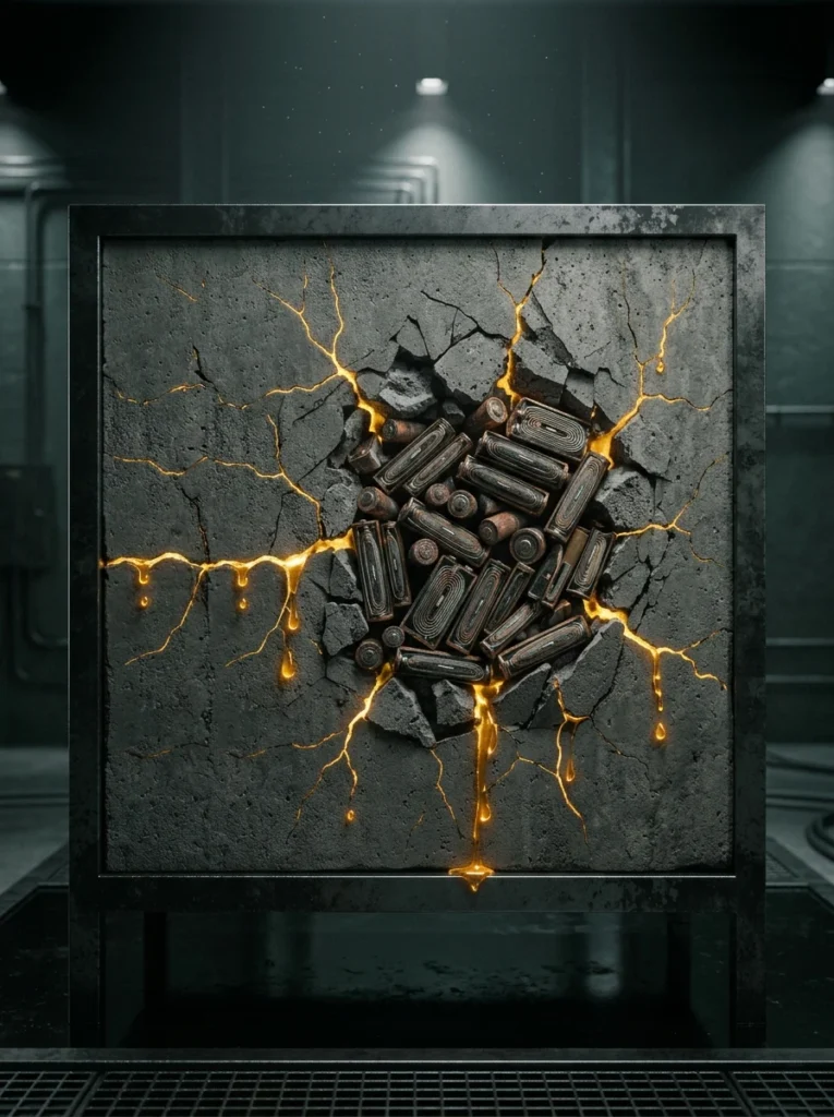Render conceptual que muestra las microfisuras y la lixiviación de metales tóxicos en un bloque de concreto con baterías confinadas.