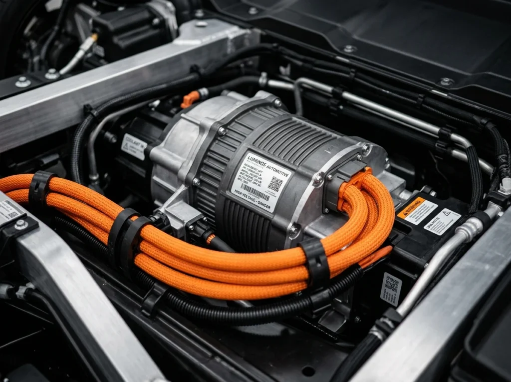 Vista detallada del vano motor de un vehículo eléctrico destacando la simplicidad mecánica y la ausencia de piezas móviles complejas.