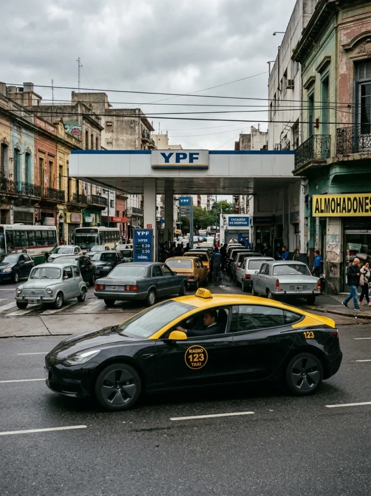 Taxi eléctrico circulando por las calles de Buenos Aires frente a una estación de servicio convencional en un día de trabajo.