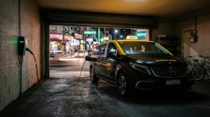 Taxi eléctrico amarillo y negro cargando en una cochera residencial de Buenos Aires durante la noche, ilustrando las experiencias de la transición. - transicion a autos electricos experiencias.