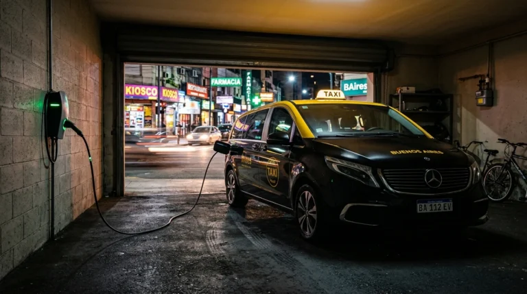 Taxi eléctrico amarillo y negro cargando en una cochera residencial de Buenos Aires durante la noche, ilustrando las experiencias de la transición. - transicion a autos electricos experiencias.