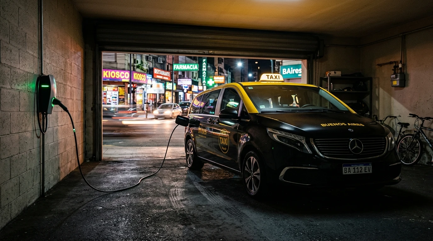 Taxi eléctrico amarillo y negro cargando en una cochera residencial de Buenos Aires durante la noche, ilustrando las experiencias de la transición. - transicion a autos electricos experiencias.