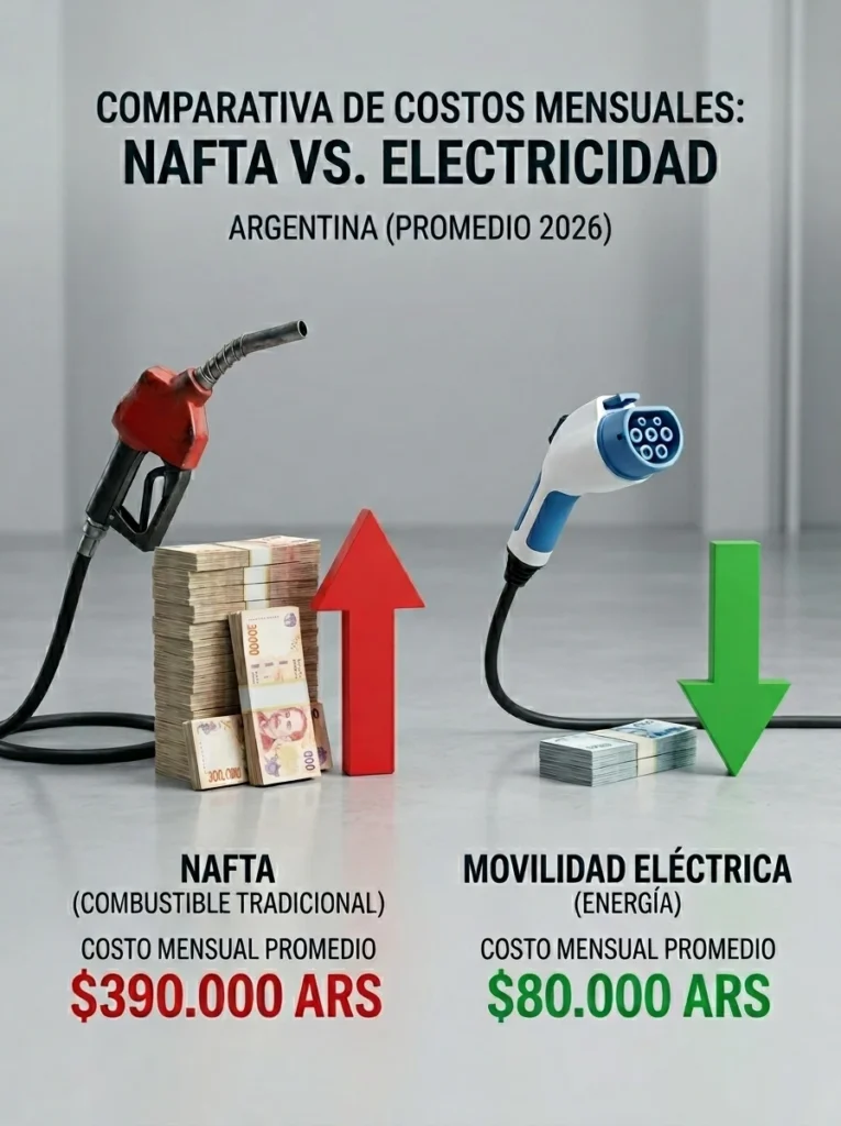 Gráfico comparativo de costos mensuales entre un auto a GNC y un auto eléctrico en Argentina, mostrando el ahorro en propulsión.