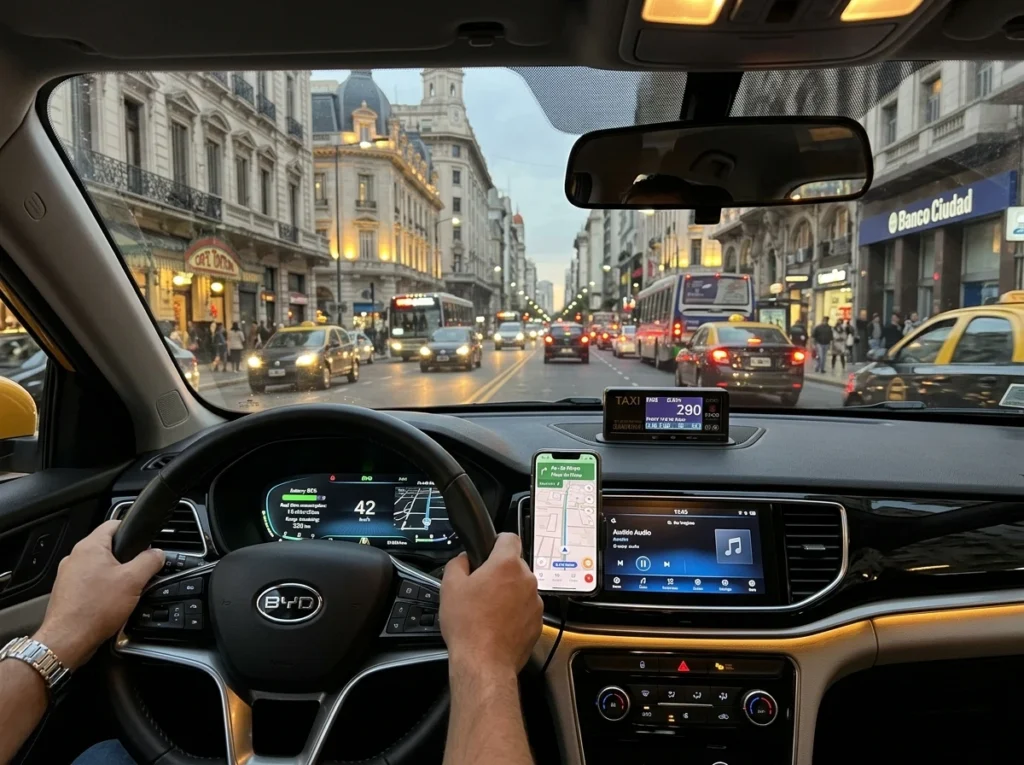 Panel digital de un BYD Yuan Pro en Buenos Aires mostrando el consumo energético en tiempo real y el control de autonomía. - transicion a autos electricos experiencias